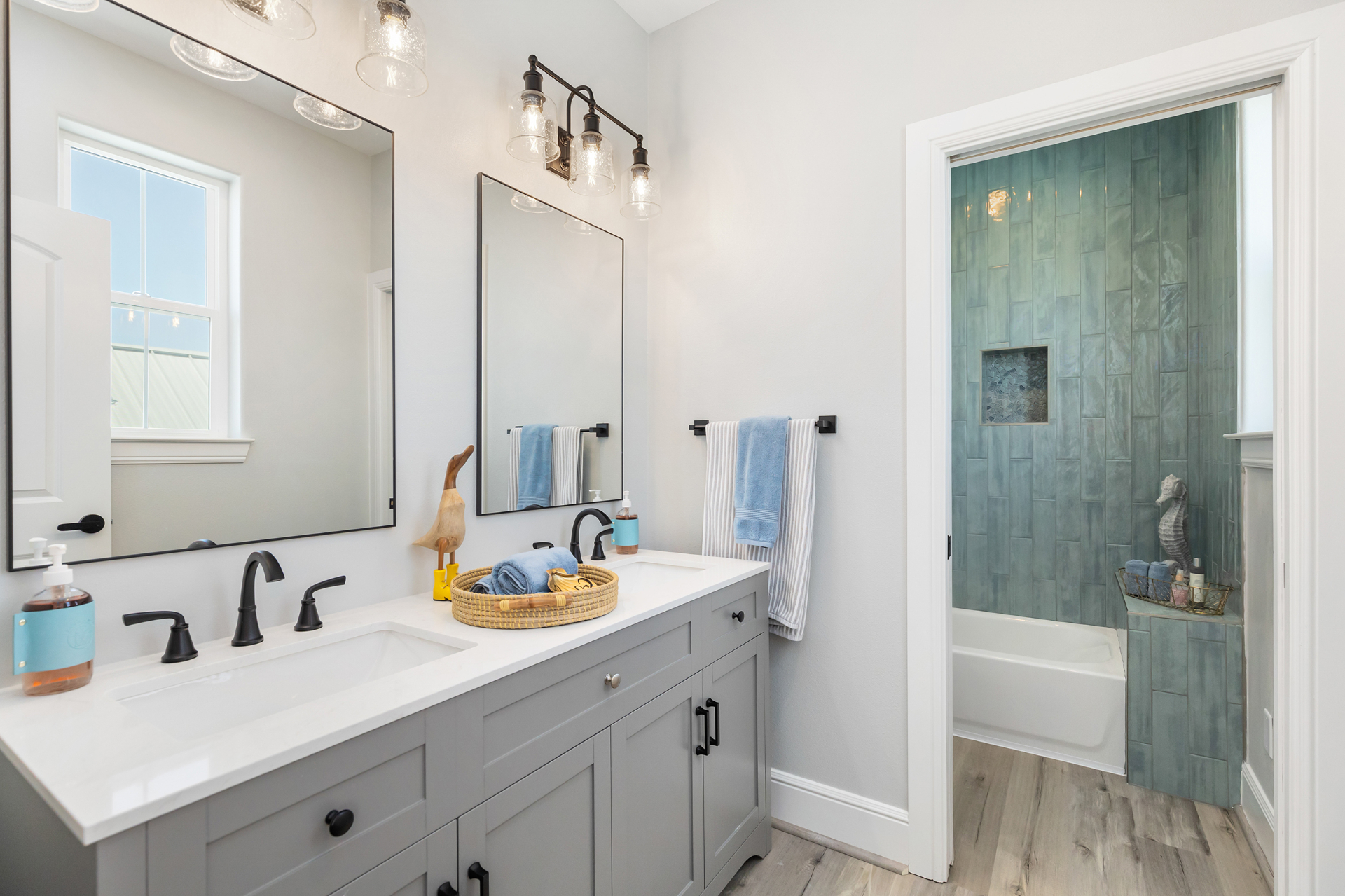 Double-vanity bathroom in soft greys